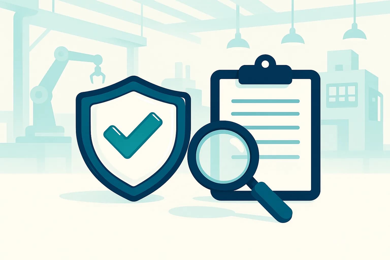 A certification shield with a checkmark, a clipboard, and a magnifying glass in front of a bright modern factory, representing manufacturing audit readiness.