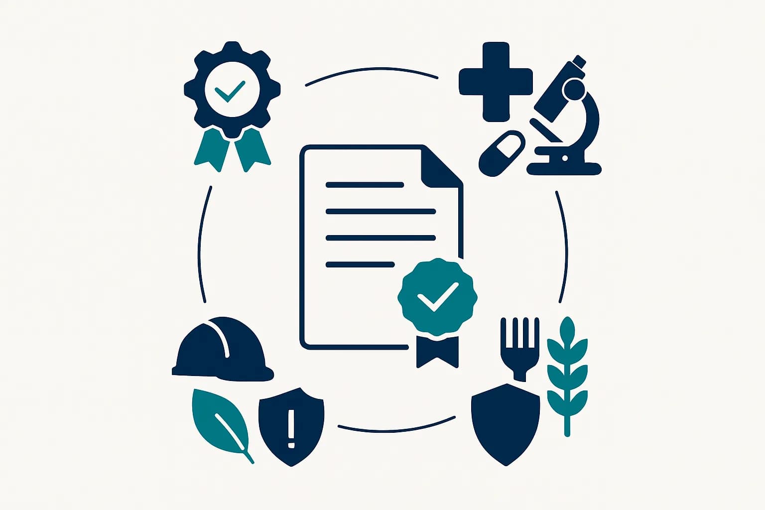 Four icon clusters representing quality, medical, food safety, and workplace safety certifications arranged around a central SOP document.