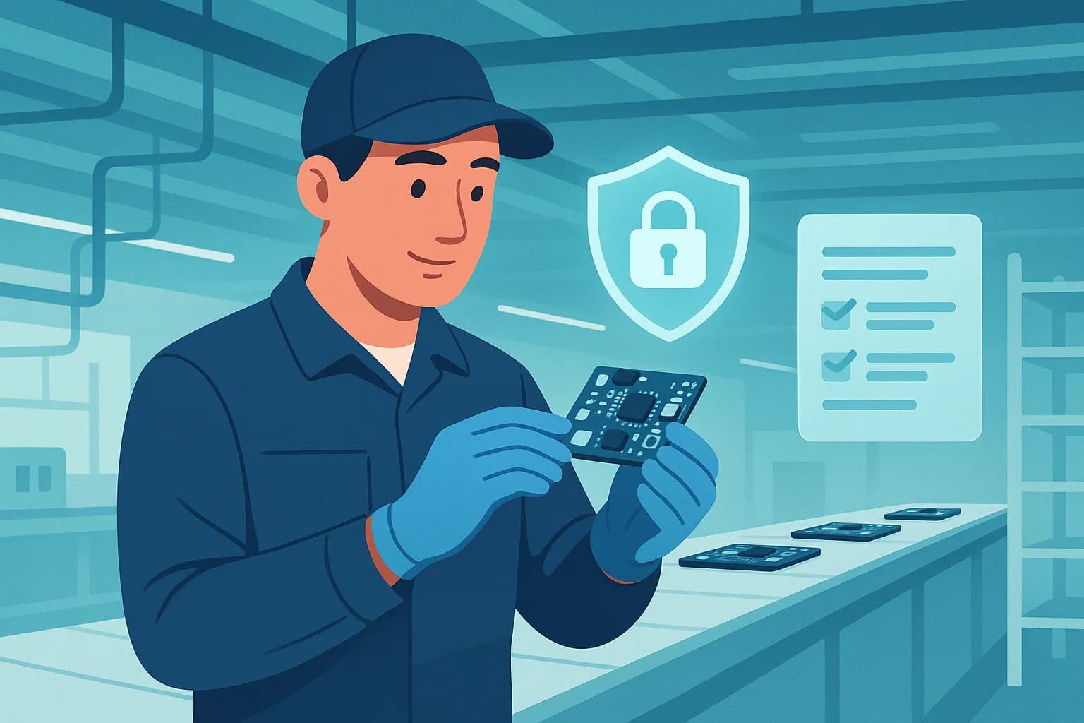 A technician on a clean electronics line holds an IoT circuit board next to a shield-and-lock icon and a checklist, representing secure manufacturing procedures.