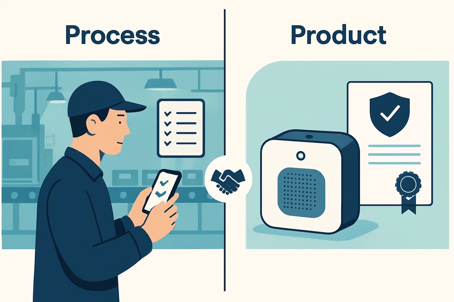 A split illustration: on the left a worker documenting a process with a checklist (the SOP), on the right a finished device with a certificate and seal (the conformity document), joined by a handshake.