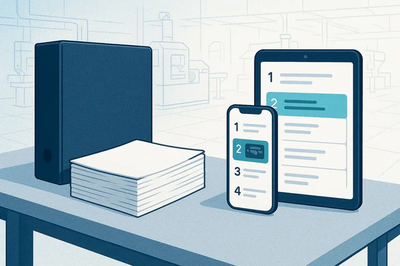 A dusty paper SOP binder and a stack of printed pages on a workbench next to a phone and tablet showing live digital work instructions on a bright factory floor.