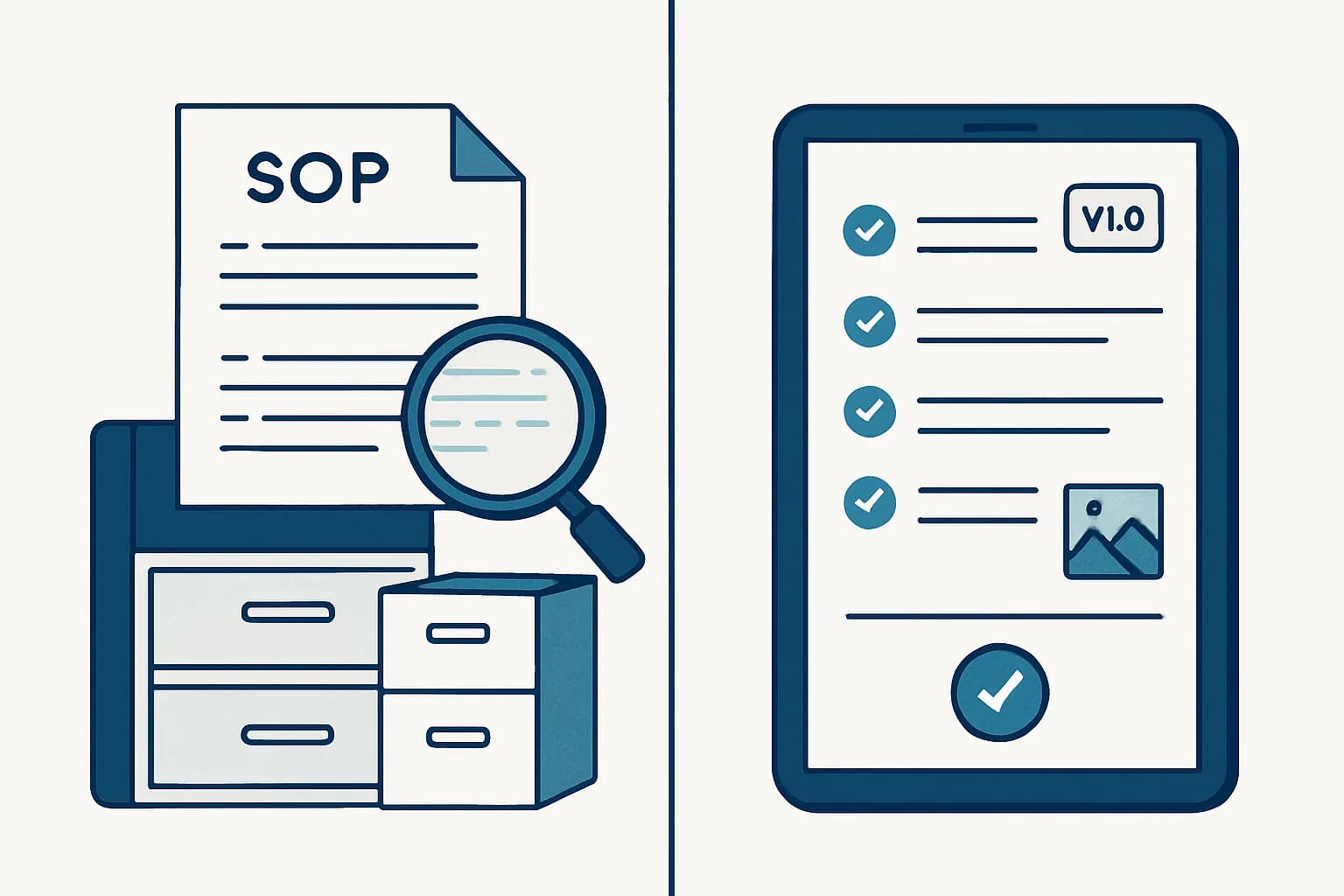 A split illustration: on the left a static printed SOP page, a filing cabinet and a magnifying glass; on the right a tablet showing a live checklist with a version badge, a photo and check marks.
