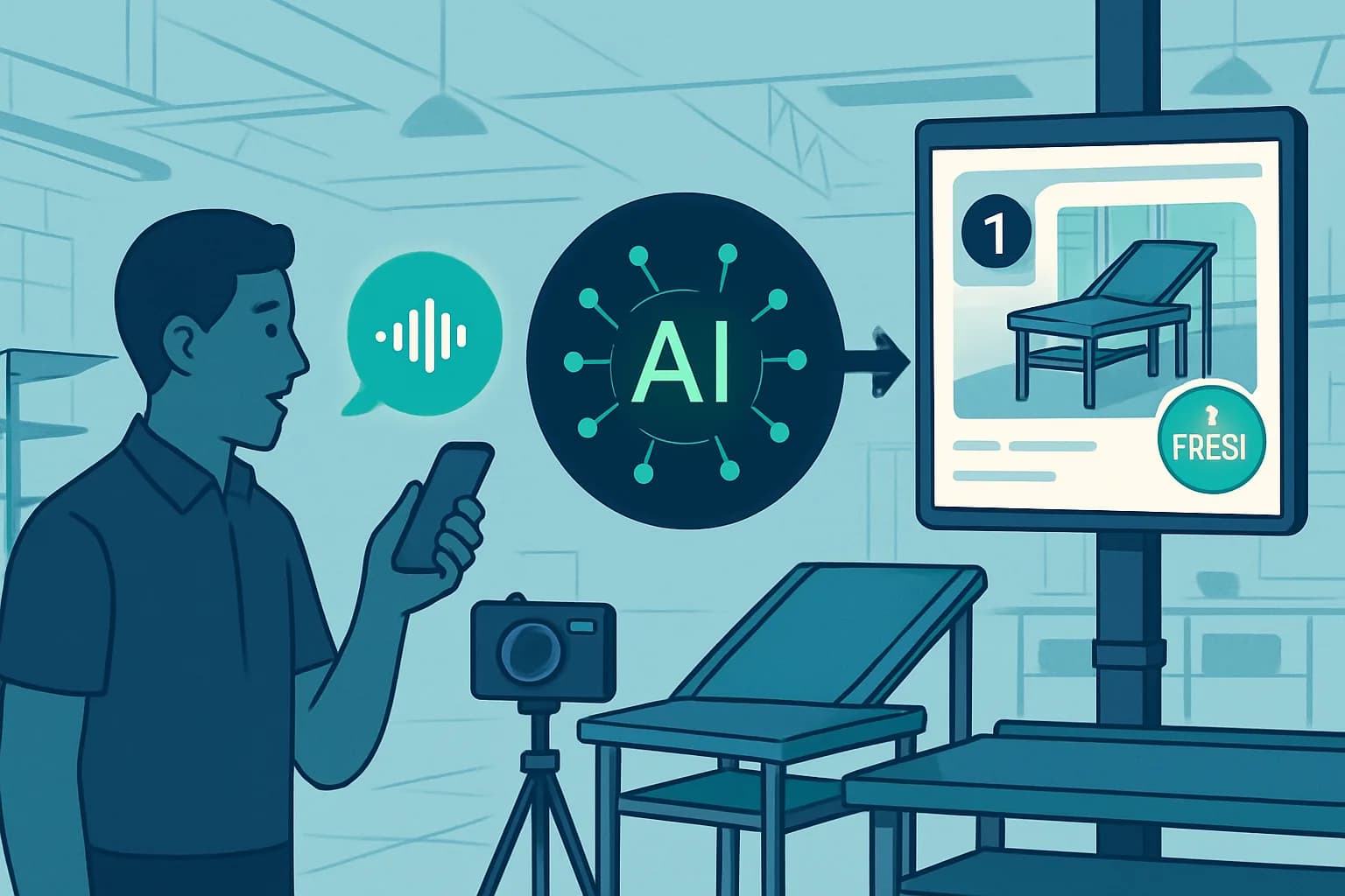 An operator narrates a task into a phone while a camera captures the workstation; an AI node turns the recording into a live, up-to-date digital step card shown on a screen at the workstation.