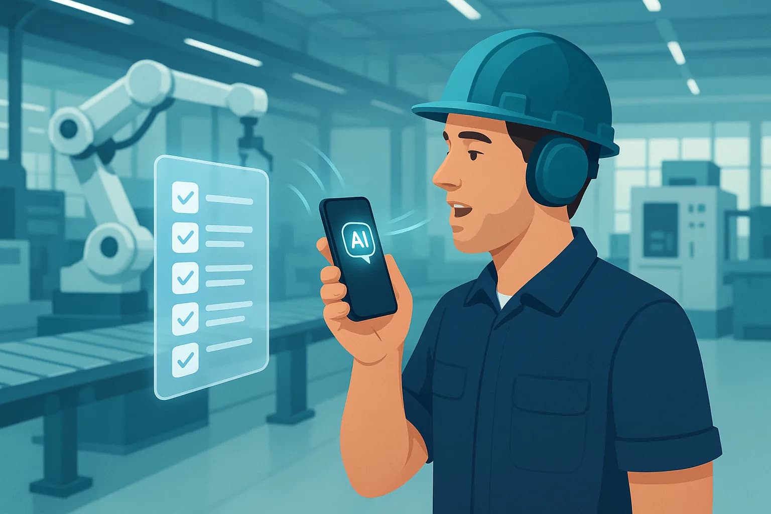A factory technician narrates a task into a phone while an AI-generated checklist forms beside them on a bright modern shop floor.