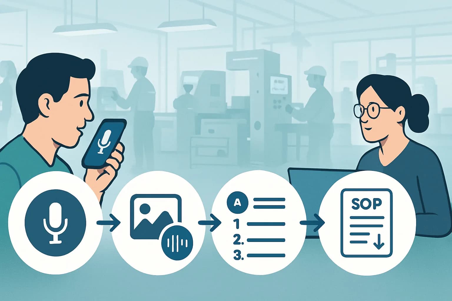 Un flusso di lavoro in quattro passi: registra al telefono, allinea le foto all'audio, l'AI redige i passaggi numerati, poi revisiona ed esporta un documento SOP.