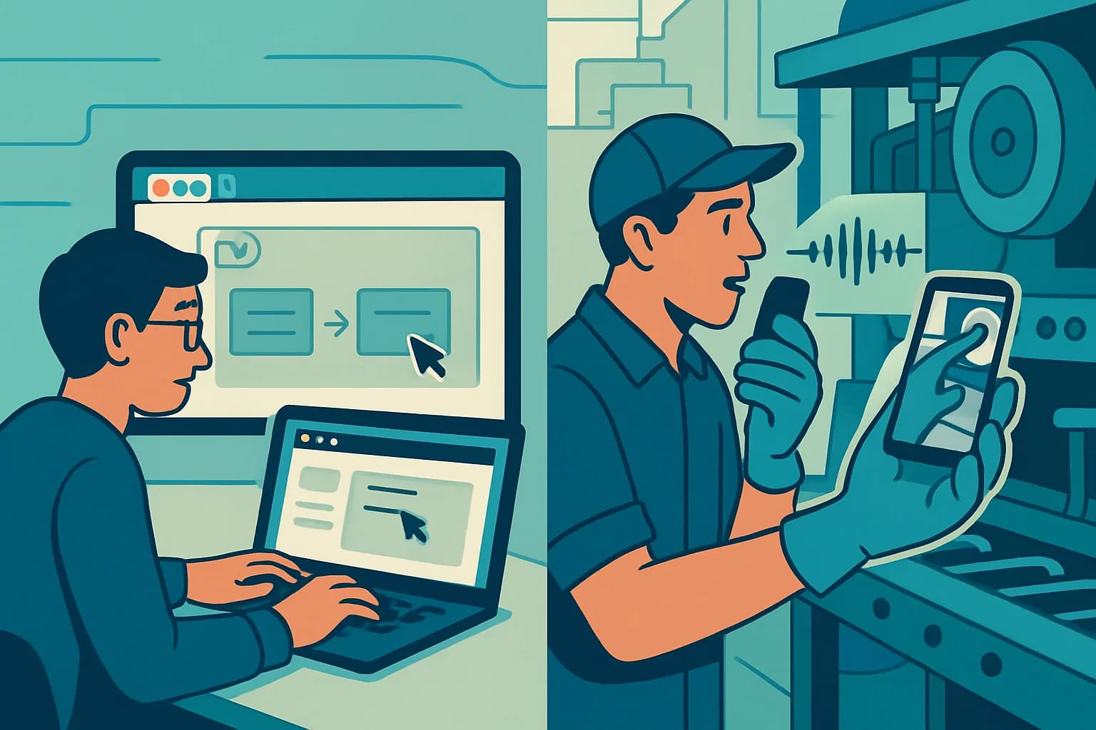 Illustrazione divisa: registrazione dello schermo di un flusso di lavoro software su un laptop a confronto con la cattura di un'attività fisica in reparto tramite voce e fotocamera del telefono.
