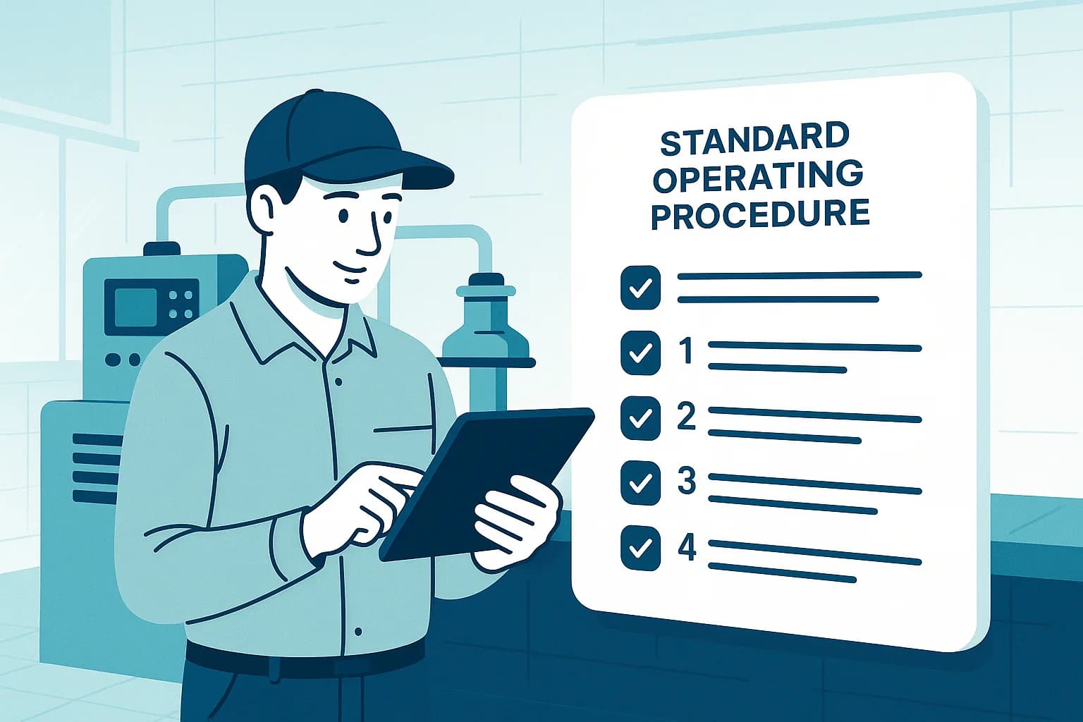 A factory technician reviews a tablet while a standard operating procedure checklist forms beside them on a bright, modern shop floor.