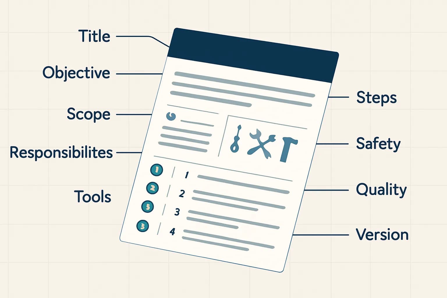 A labeled standard operating procedure page showing its sections: title, objective, scope, responsibilities, tools, steps, safety, quality checks, and version control.