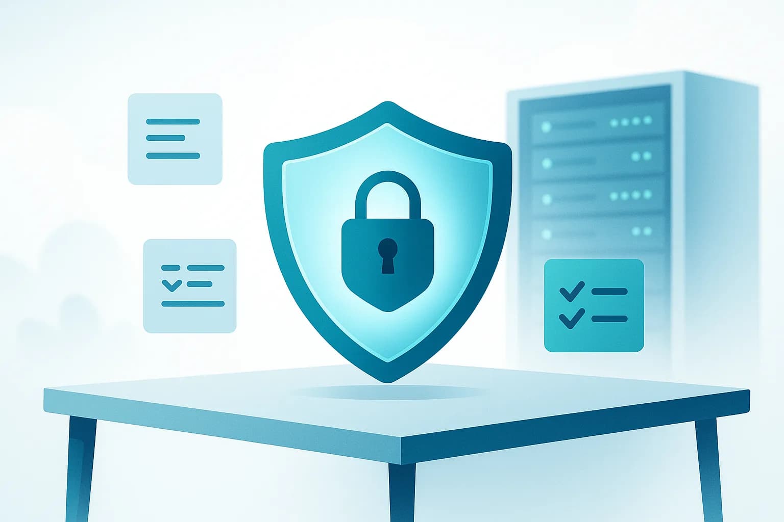 A glowing shield with a padlock sits beside floating document and checklist icons and a server rack, on a bright navy and teal compliance-themed desk.