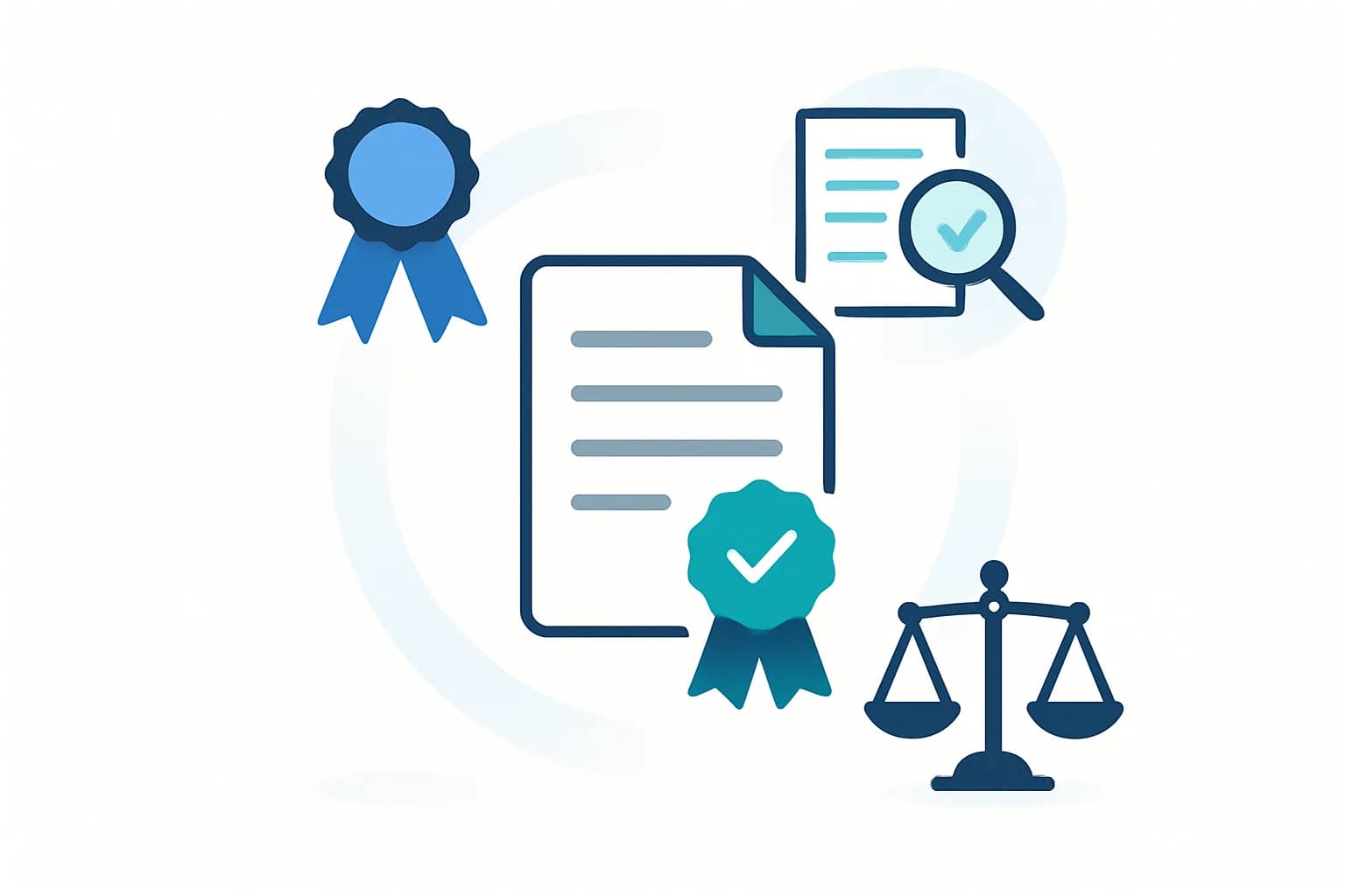 Icons for a certificate ribbon, a magnifying glass over an audit report, and a legal balance scale arranged around a central policy document with a checkmark seal.