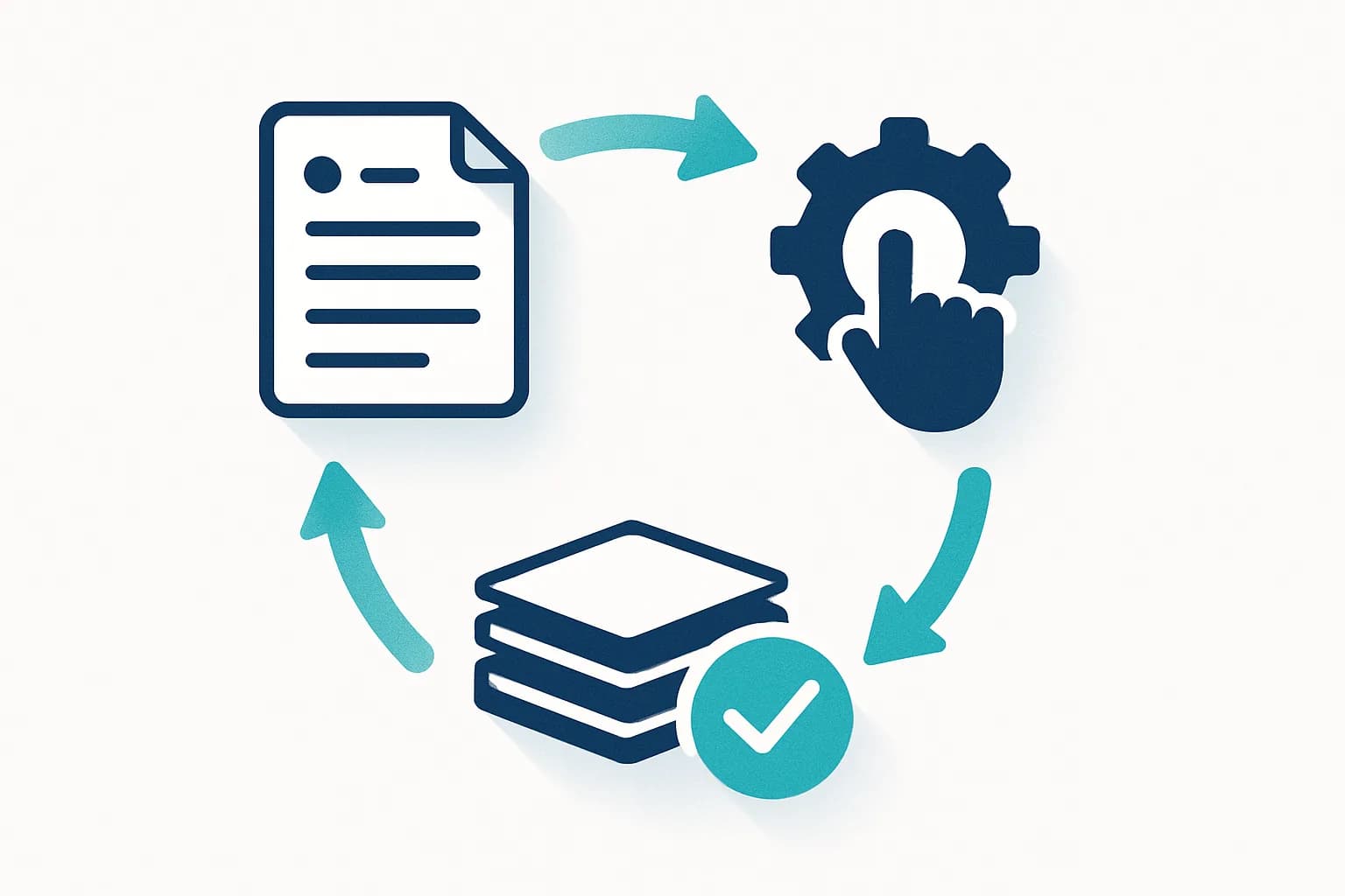 A circular loop of three icons connected by arrows: a written policy document, a gear with a pointing hand for action, and a stack of records with a green checkmark for evidence.