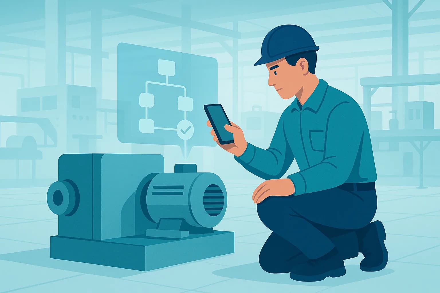 A maintenance technician kneels beside a machine, diagnosing a fault with a phone while a branching diagnostic flow appears beside them.