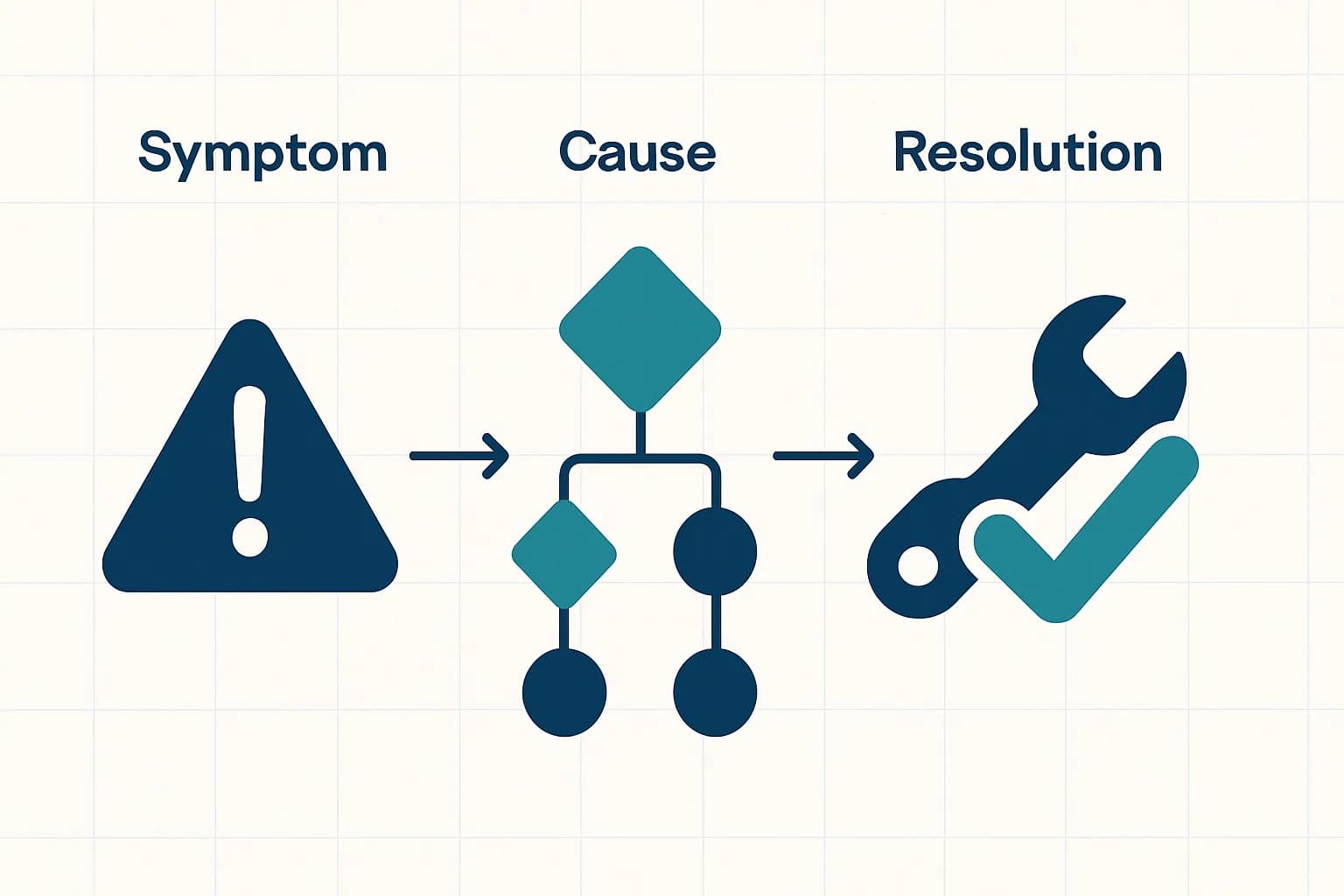 A symptom-to-cause-to-resolution flow: a warning symbol, a branching decision tree of possible causes, and a wrench with a check mark.