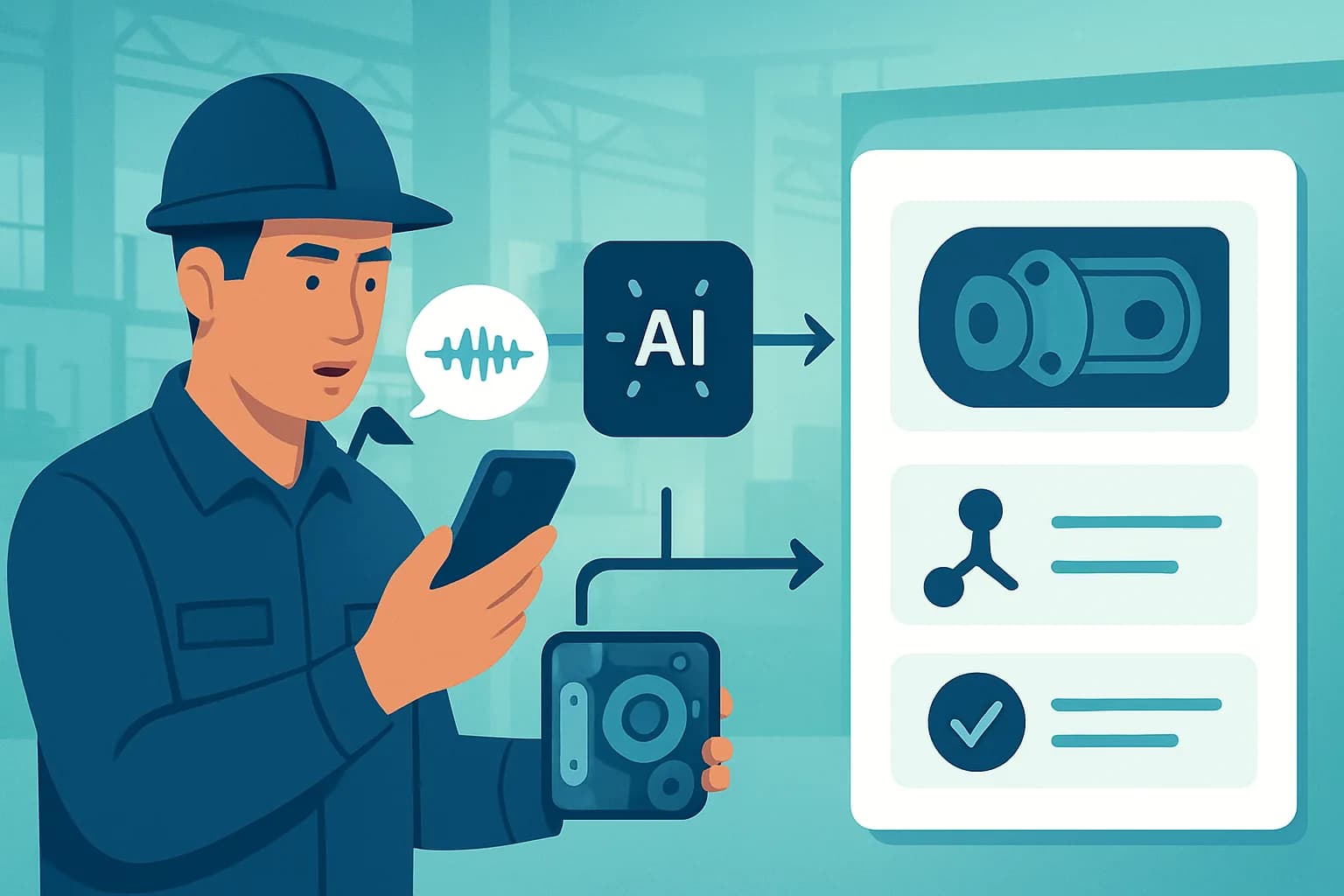 A technician narrates a fault into a phone and photographs a machine part; an AI turns it into a structured digital troubleshooting card.